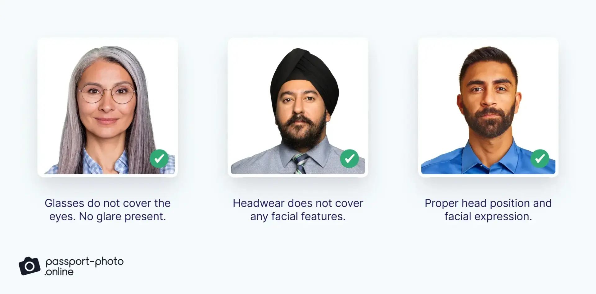 Three picture examples of compliant Indian visa photos depicting the rules for glasses, religious headwear, and correct head position.