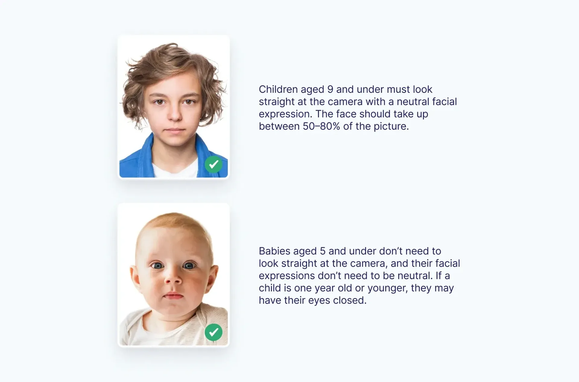 Acceptable German passport photos for children aged 9 and under and babies.