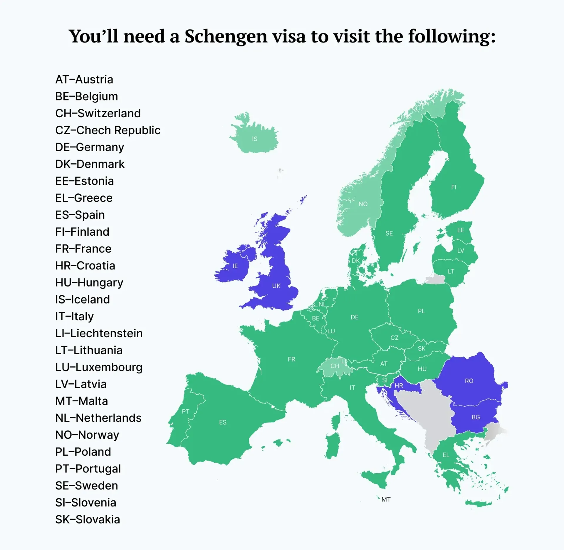 A map of countries that require you to present a Schengen visa upon entry.