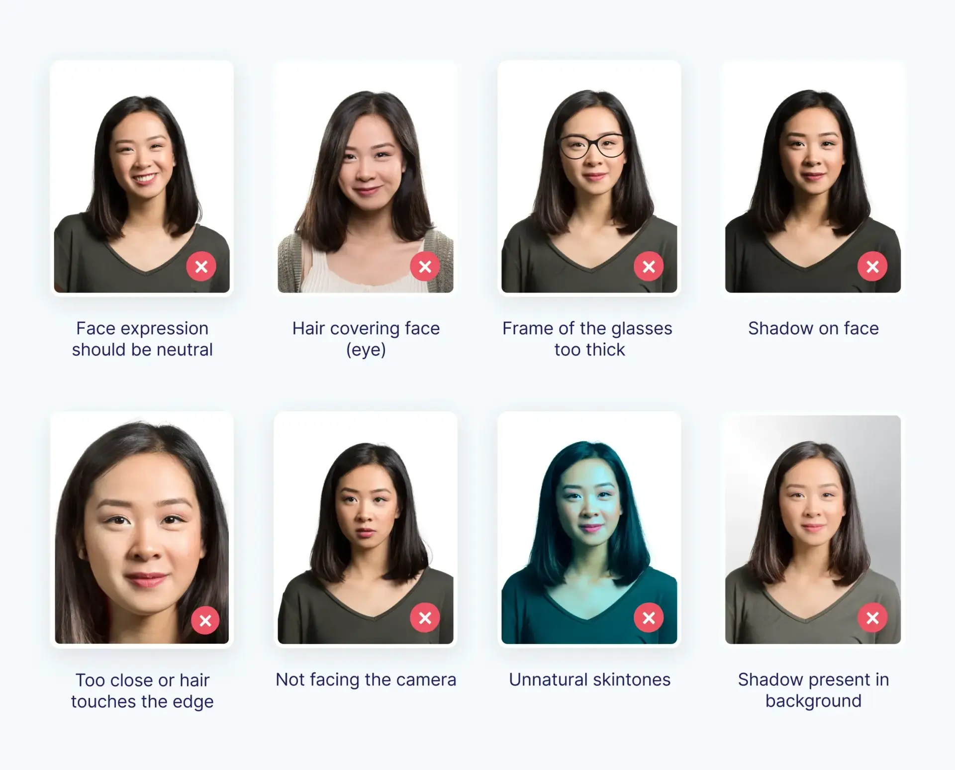 Picture examples of non-compliant Taiwanese passport photos.
