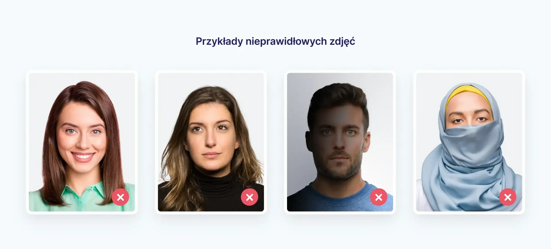 Przykłady nieakceptowanych zdjęć do polskiego paszportu.