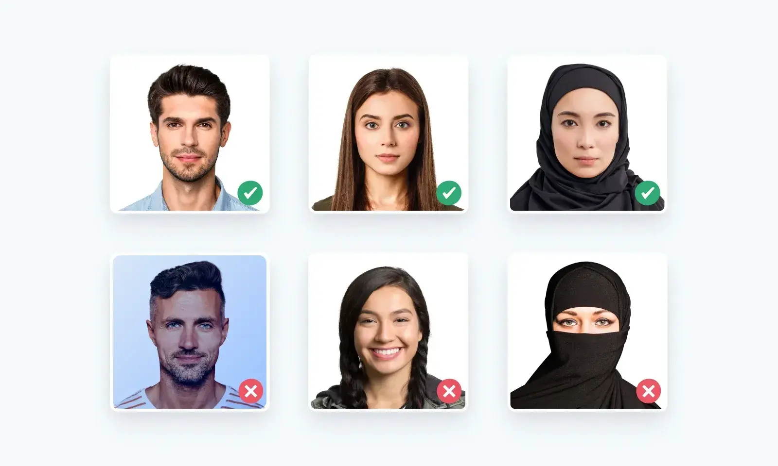 Examples of acceptable and unacceptable US visa photos.