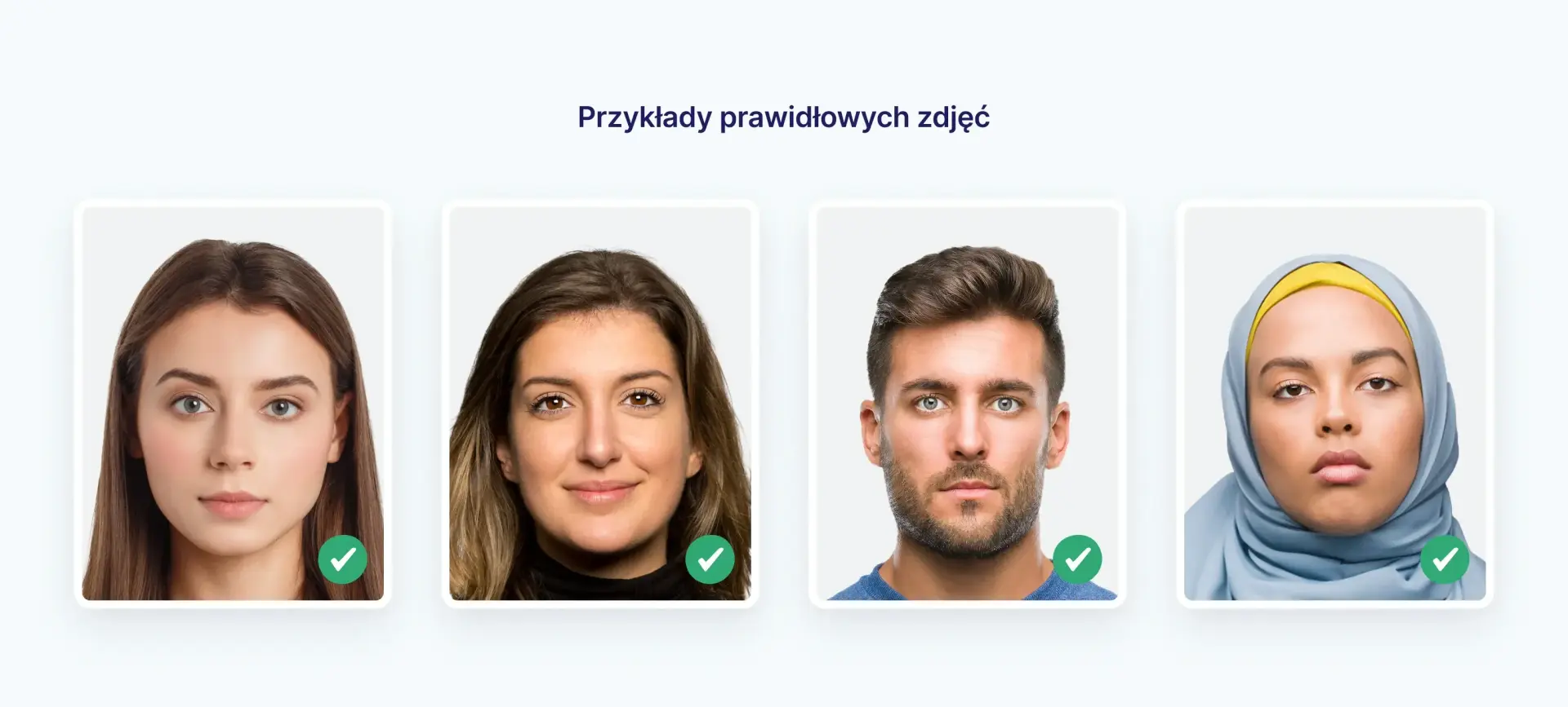 Przykłady akceptowanych zdjęć do polskiego paszportu.