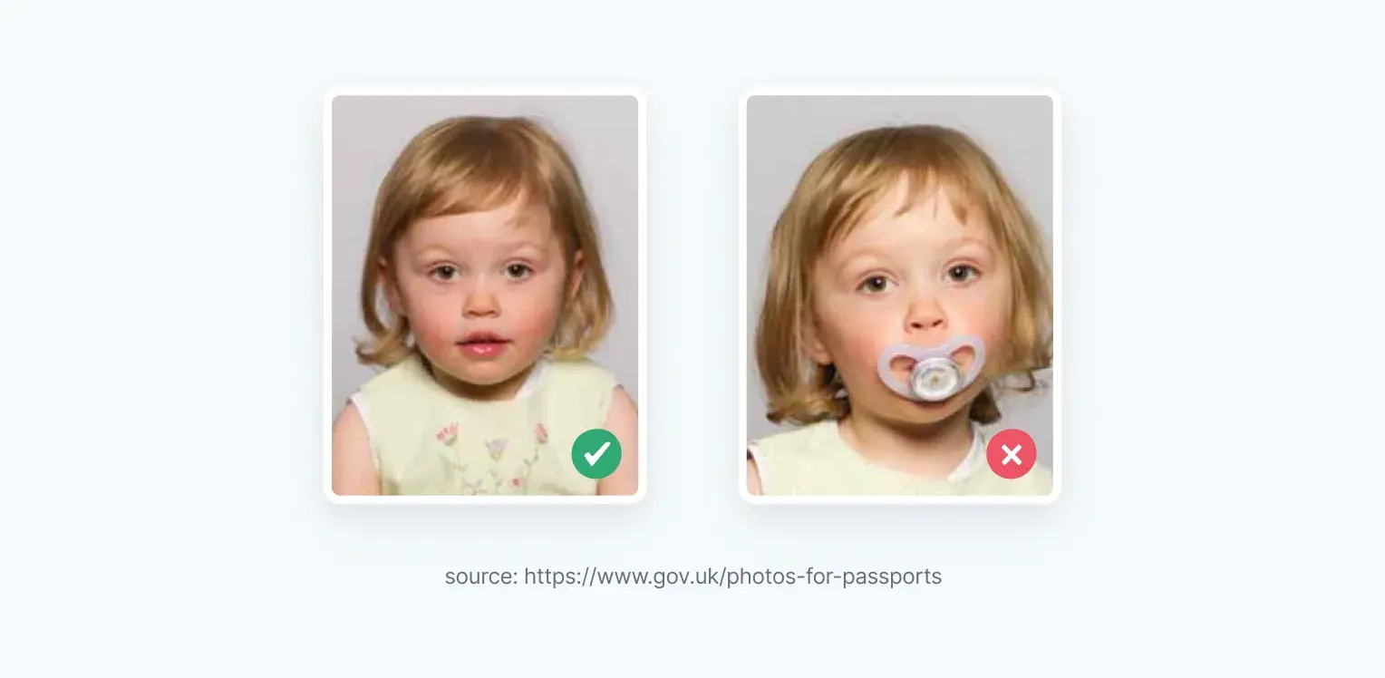 Baby passport photo composition: good and bad example