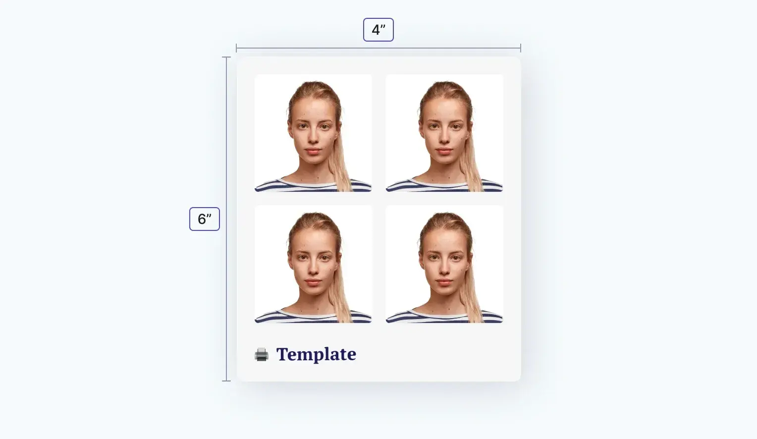 Example of four US passport photos on a 4x6 printable template.