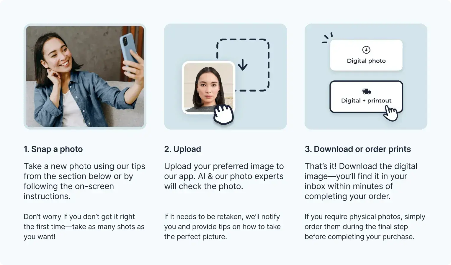 Three steps to create a 2x2’’ US visa photo with a smartphone.
