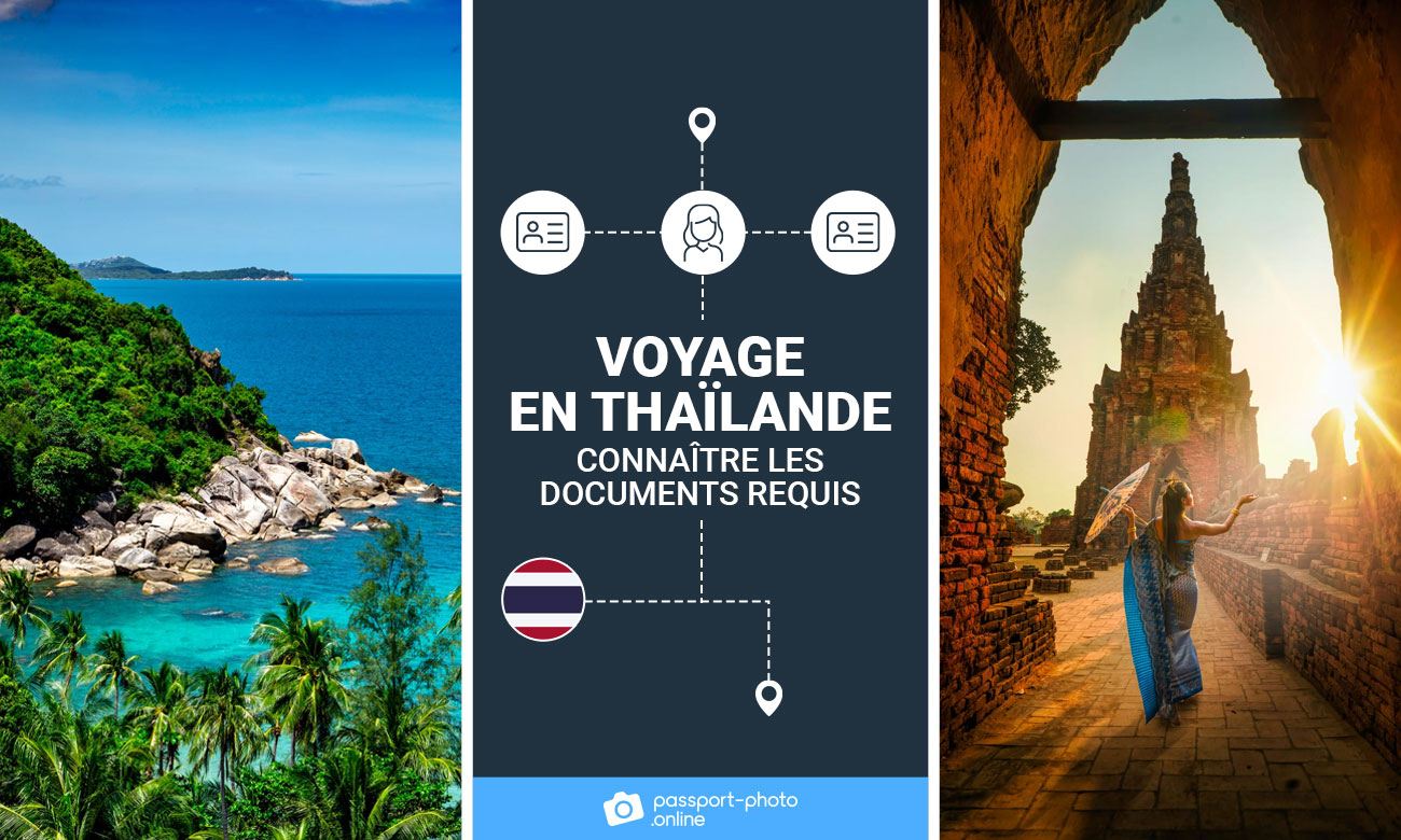 Photos de lieux en Thaïlande. Il est écrit "Voyager en Thailande - connaître les documents requis".