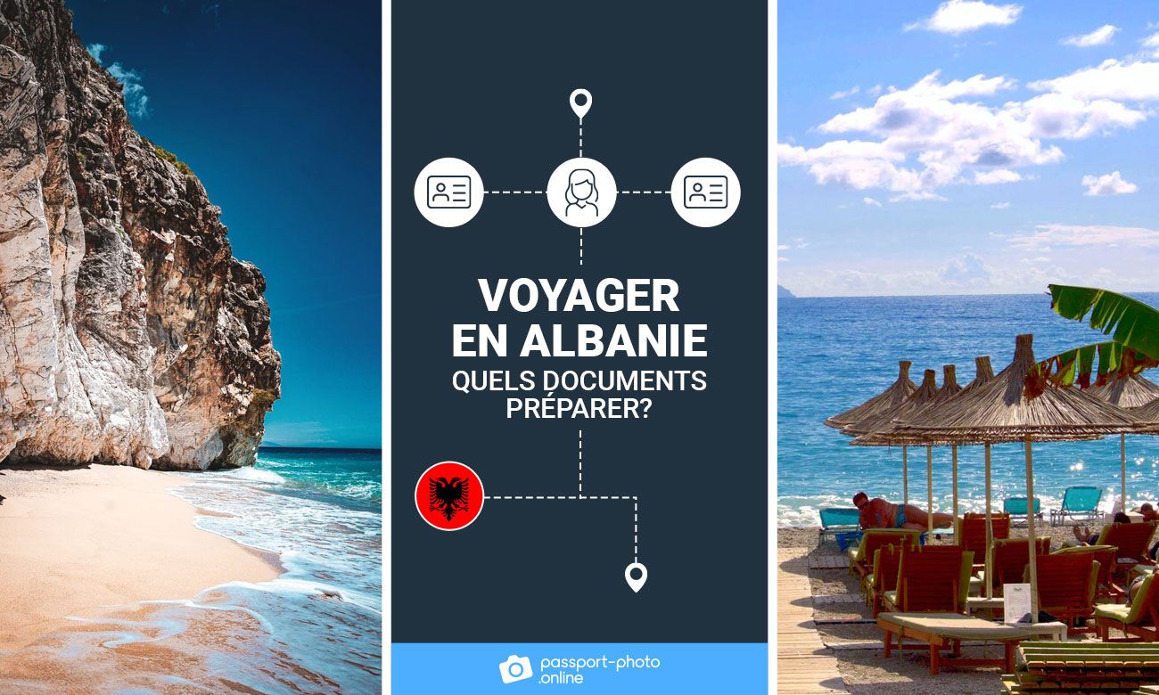De belles plages en Albanie. Le texte dit : "Voyager en Albanie - Quels documents préparer ?"