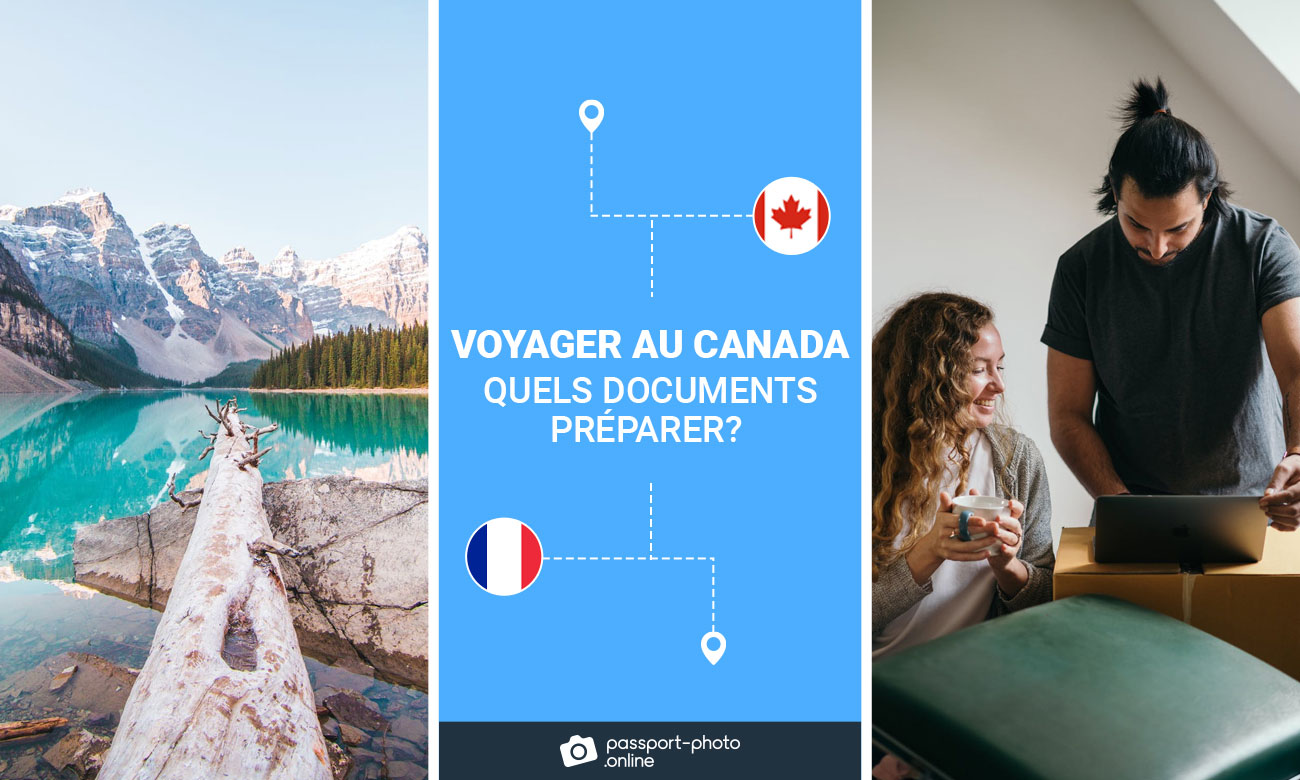 Un beau paysage au Canada et un couple. Il est écrit : "Voyager au Canada - quels documents préparer ?"