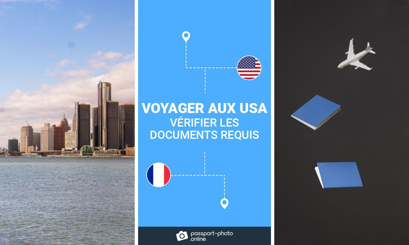 Une ville avec des gratte-ciel et un texte qui dit "Voyager aux USA : vérifier les documents requis".