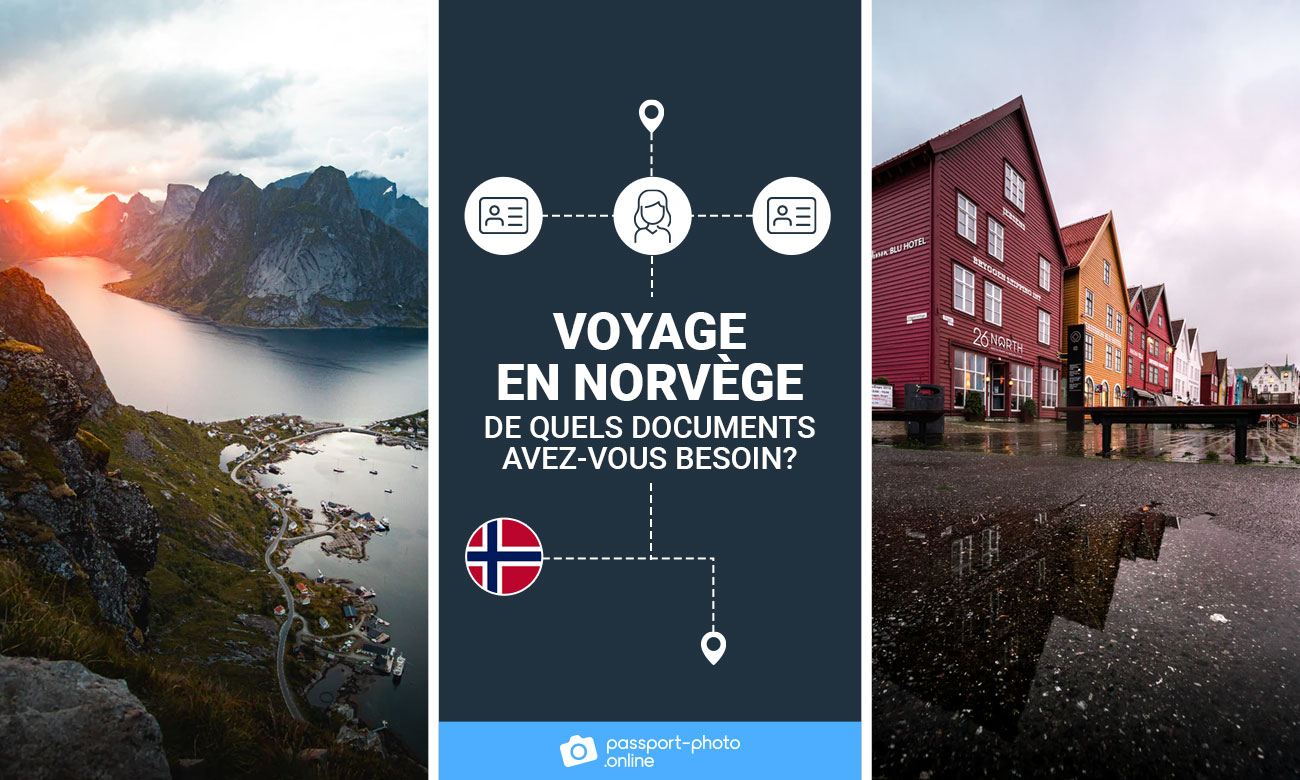 Photos de lieux en Norvège. Il est écrit "Voyage en Norvège - De quels documents avez-vous besoin?".