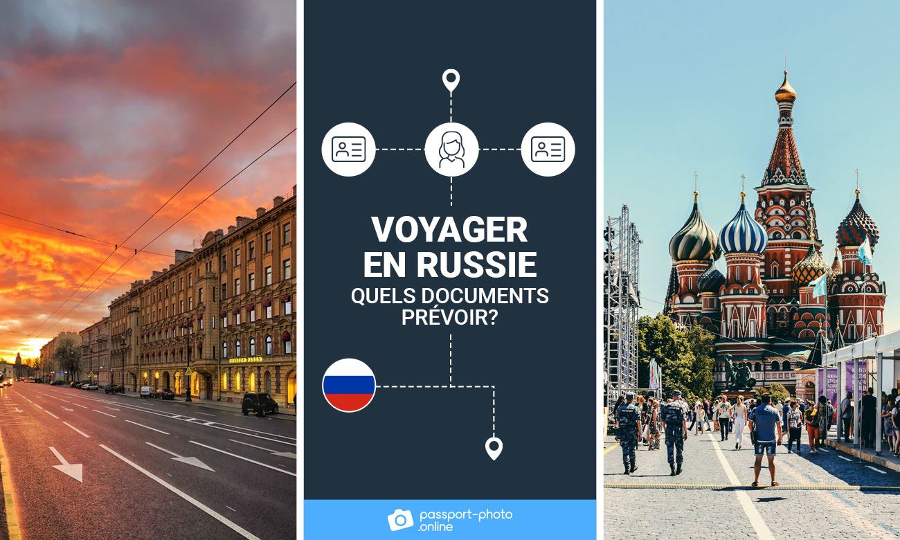 Photos de lieux en Russie. Il est écrit " Voyager en Russie - quels documents prevoir ".