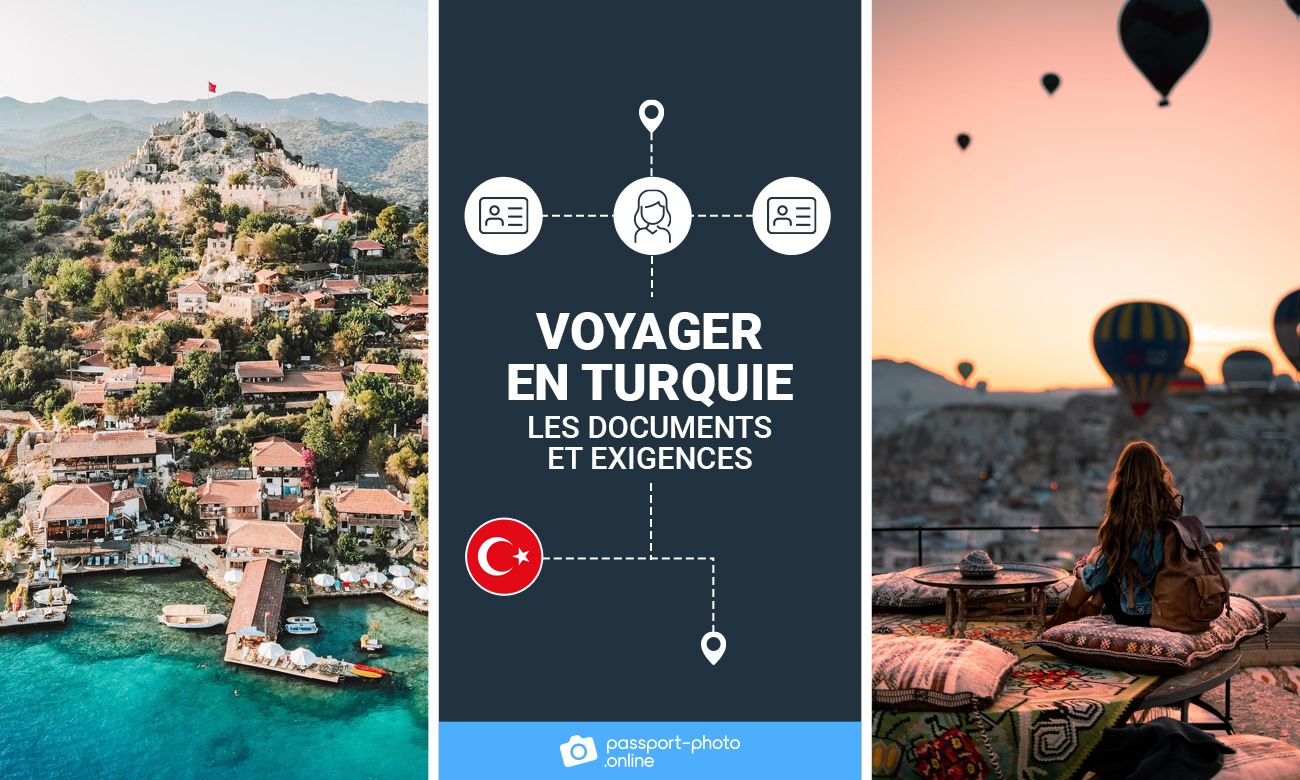 Photos de lieux en Turquie. Le texte dit "Voyager en Turquie - Les documents et exigences".