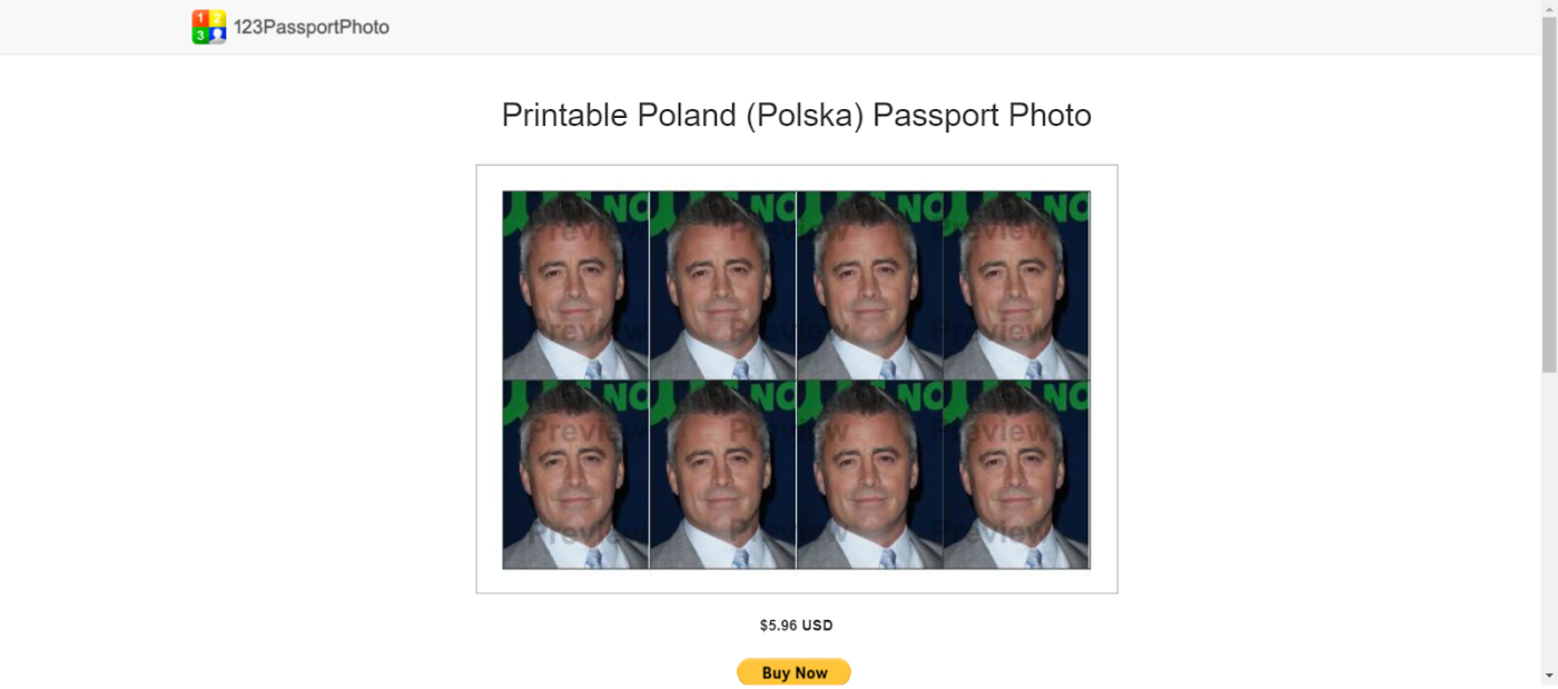 123 passport photo interface with sample ID photos