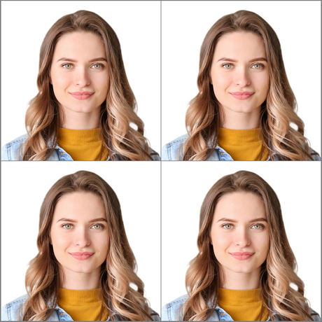 4 images of a young lady wearing a yellow blouse