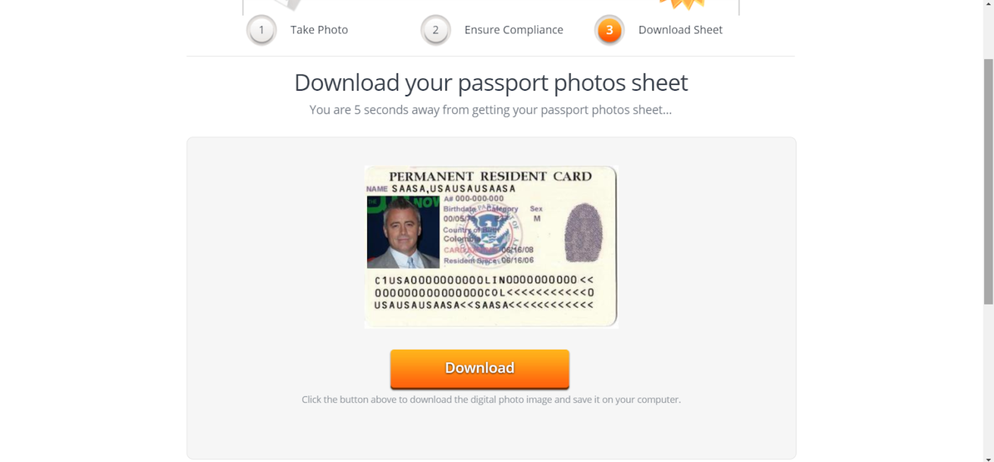 Egreen card photo interface with sample Green card  photo of a man in middle age