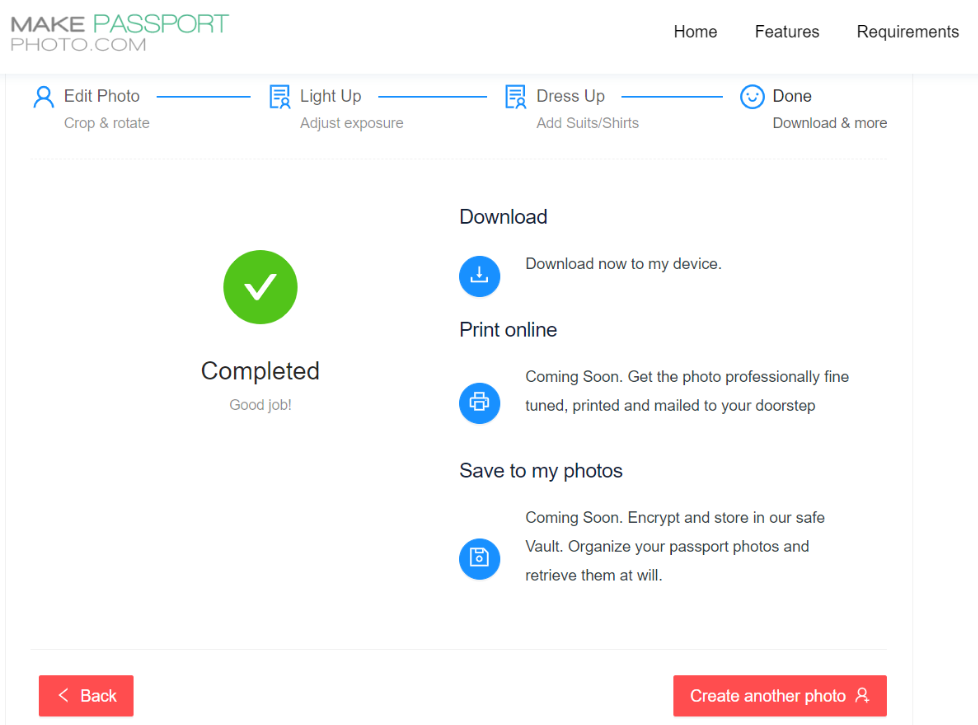 White  Passport Photo interface with process completed note
