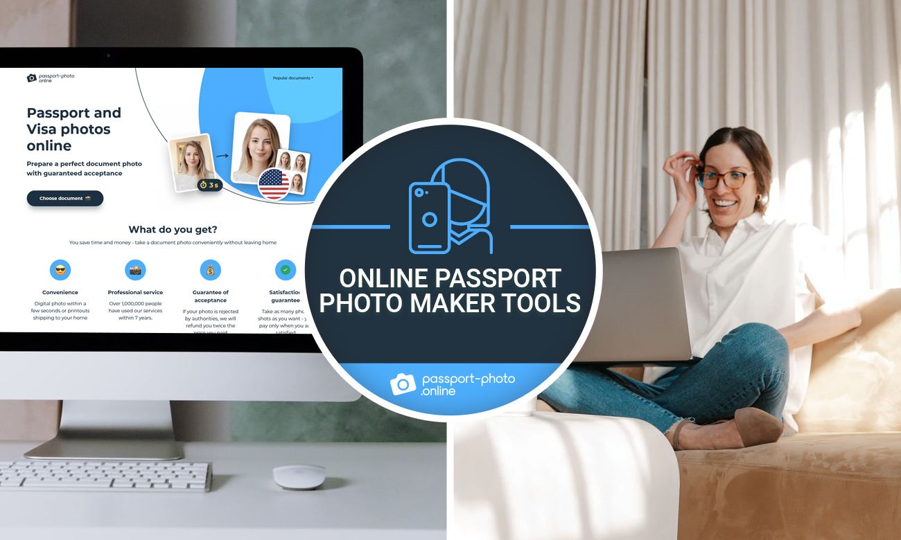 Photos of Passport Photo Online website and a woman holding a laptop while smiling.