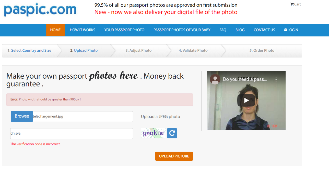 Paspic photo interface with video about how to take a passport photo