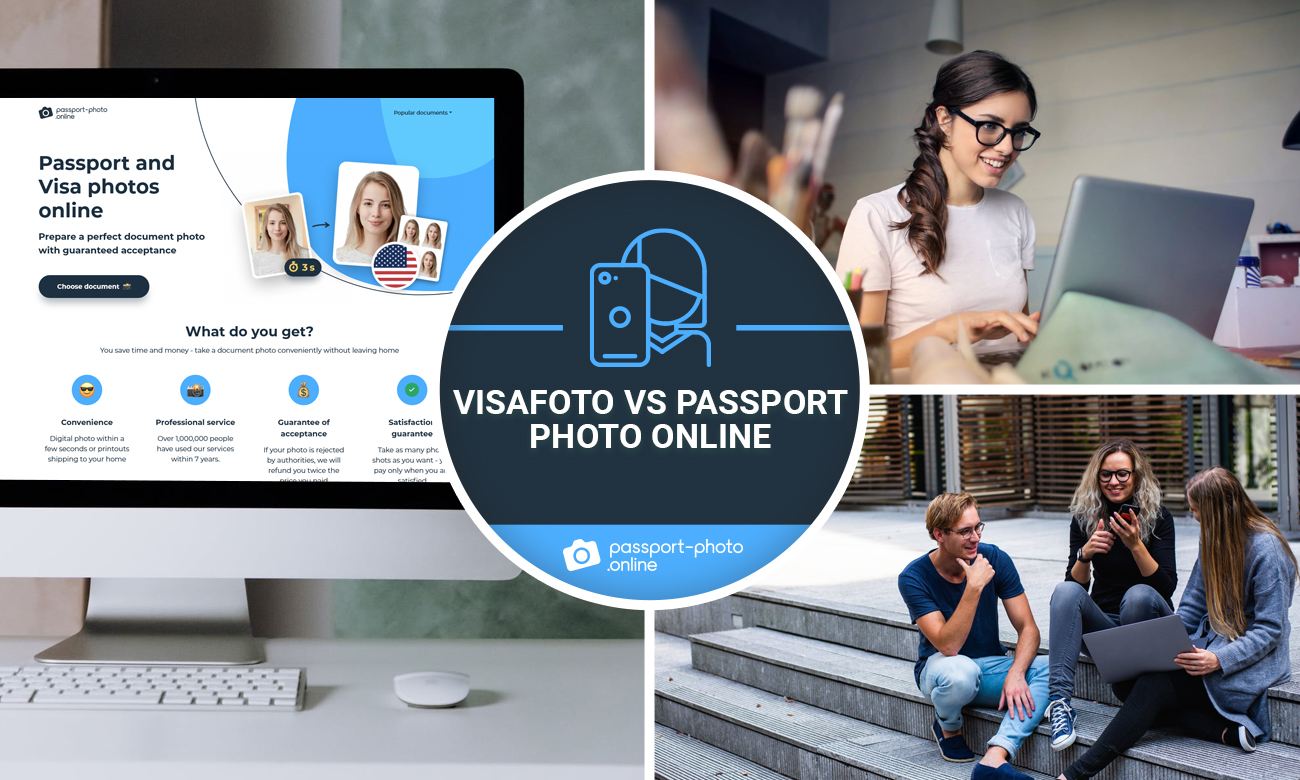 Photos of Passport Photo Online Website, a woman working on a laptop, and students chatting.