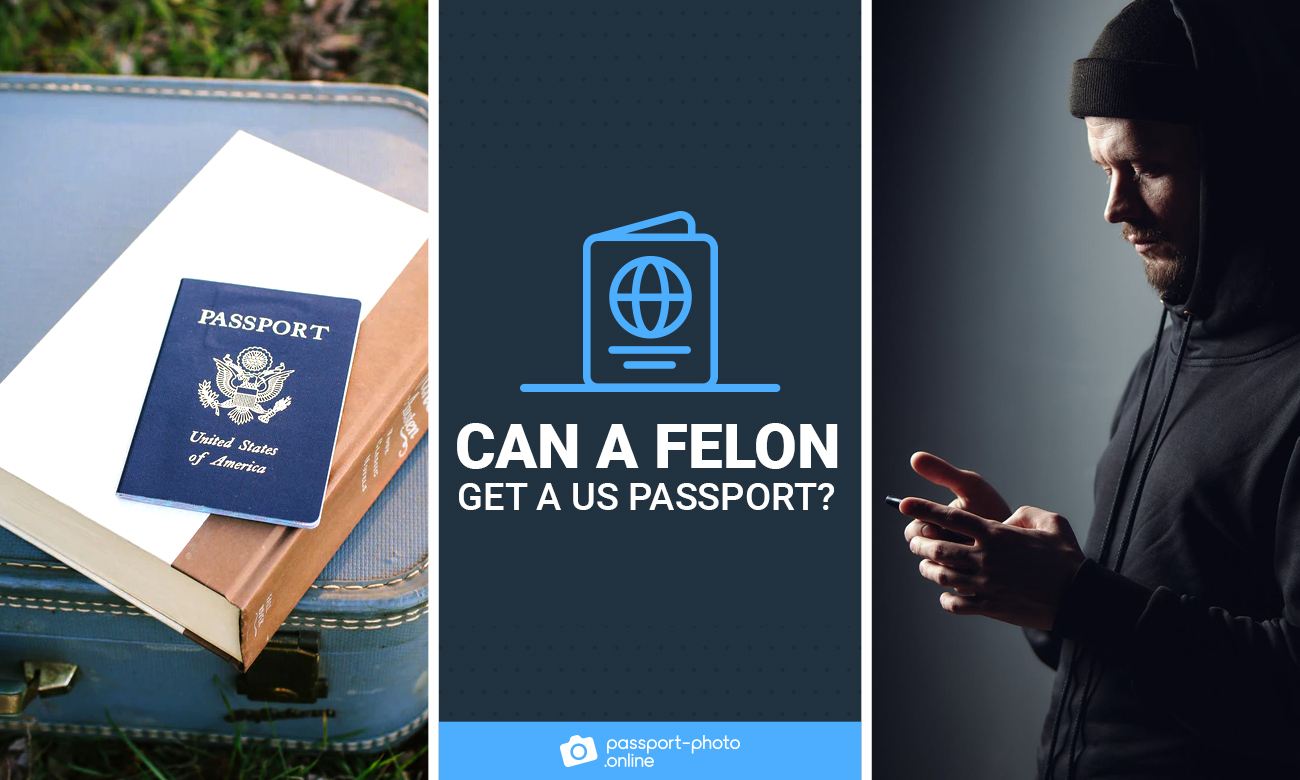 A photo of a passport on a book and a suspicious man looking at his phone.