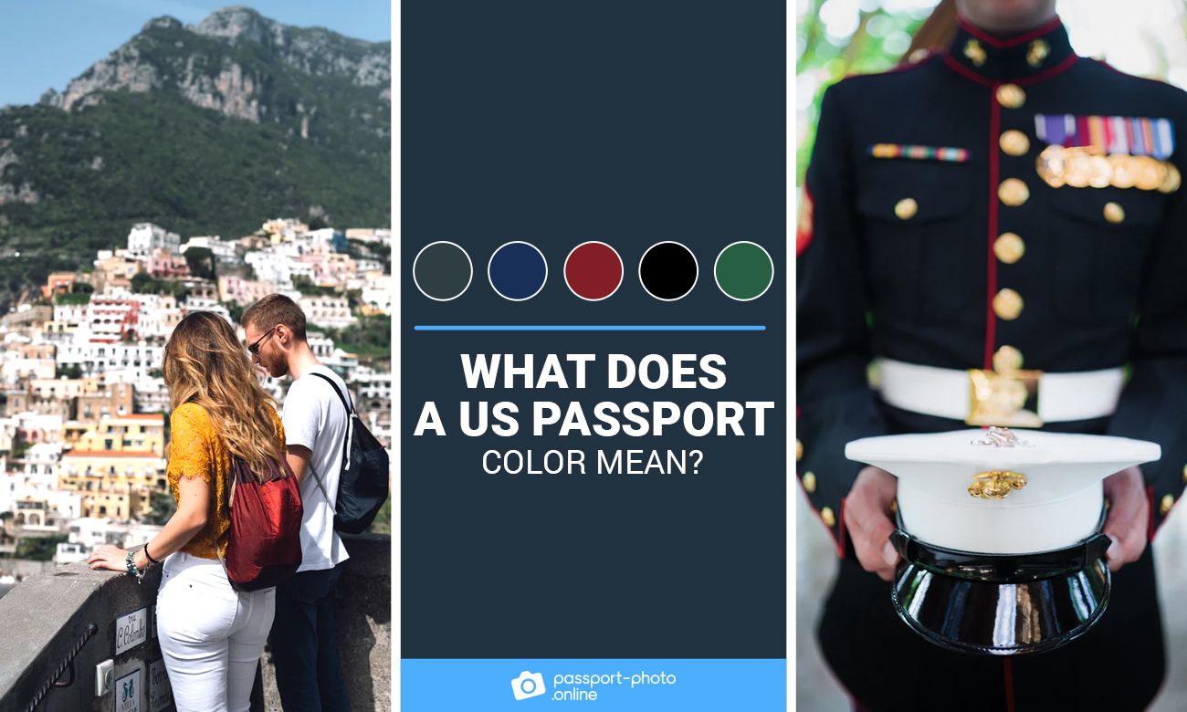 A couple looking at a city and a soldier holding a hat. It says "What does a US passport color mean?"