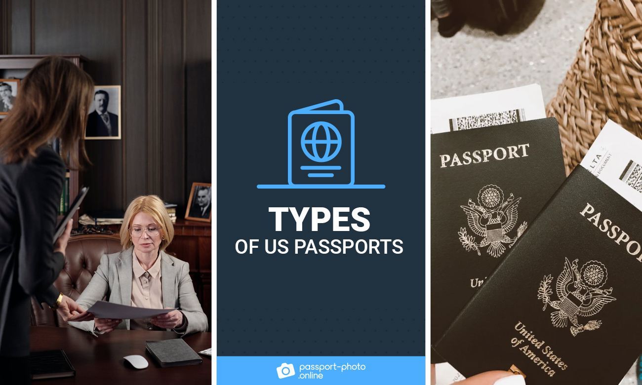 Photos of a lawyer, a secretary, and two US passports.. It says "Types of US passport"