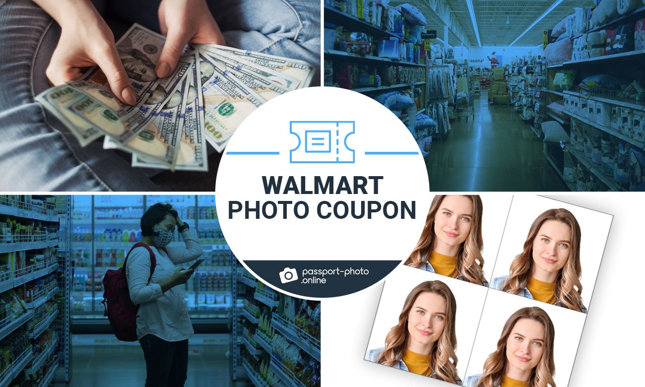 Some pictures of Walmart, dollars, and passport-size photos.