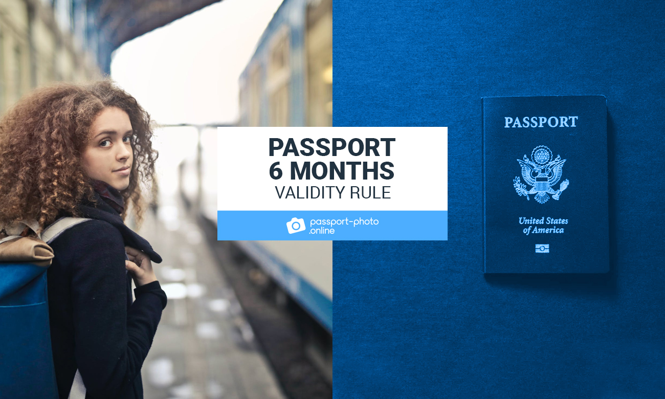 A girl holding a backpack on a train station. On the right, a photo of a US passport.