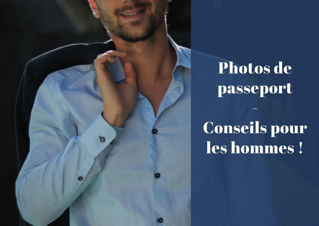 Un homme avec une chemise souriant et posant pour une photo. Il dit "Photos de passeport - Conseils pour les hommes!".