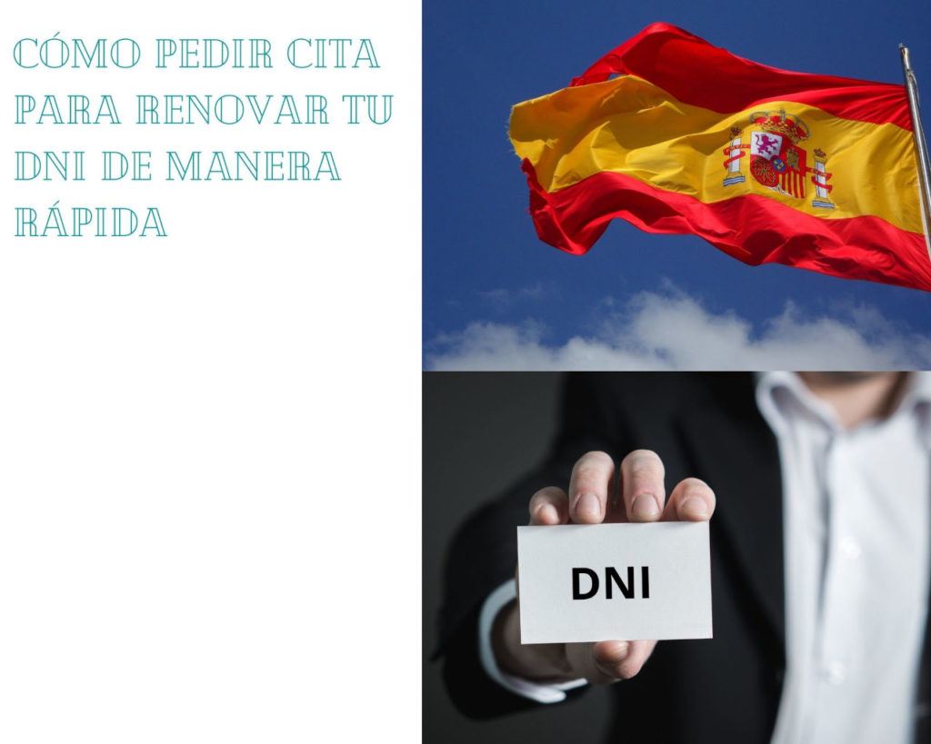 Arriba una bandera de España. Abajo, una persona mostrando el DNI. ¿Cómo pedir cita por internet?