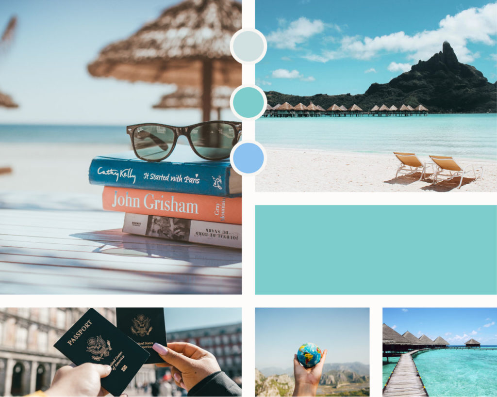 De belles plages, des livres, des gens tenant des passeports et un globe terrestre.