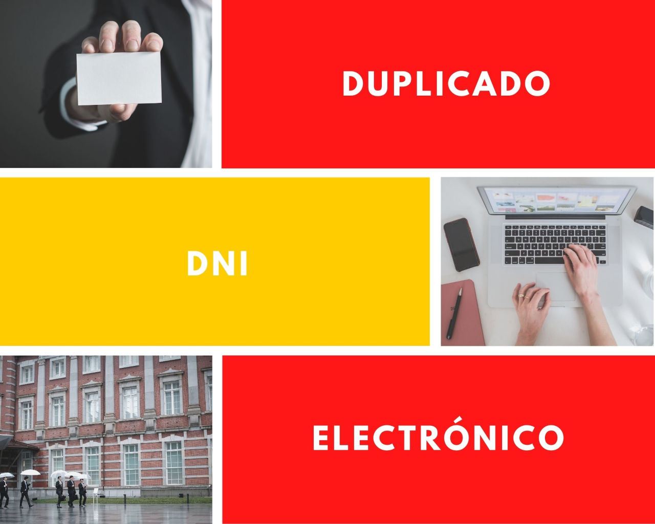 Distintas imágenes sobre un fondo con los colores de la bandera española, donde aparece escrito "duplicado DNI electrónico"