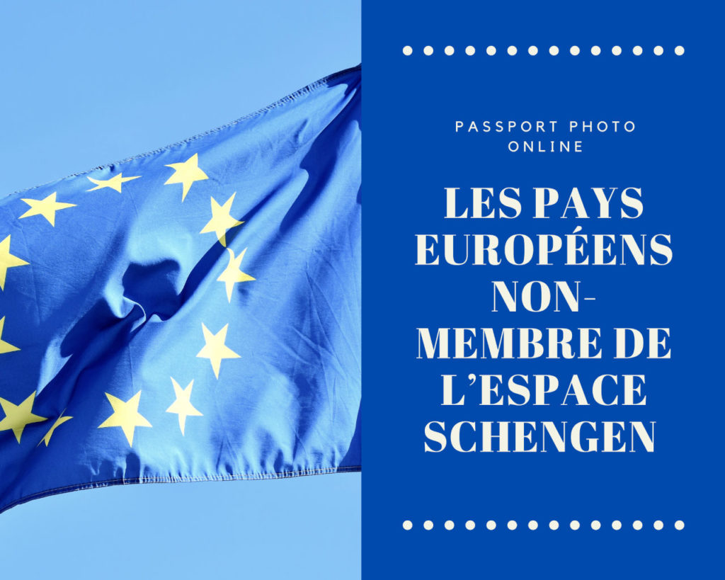 Le drapeau de l'Union européenne. Le texte dit "Les pays europeens non-membre de l'espace shengen"