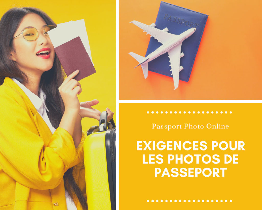 Une femme en jaune souriant et tenant un passeport et un bagage. Le text dit "Exigences pour les photos de passeport".