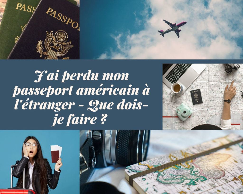 Photos de passeports, d'une femme tenant des documents, d'un avion volant dans le ciel et d'une carte.