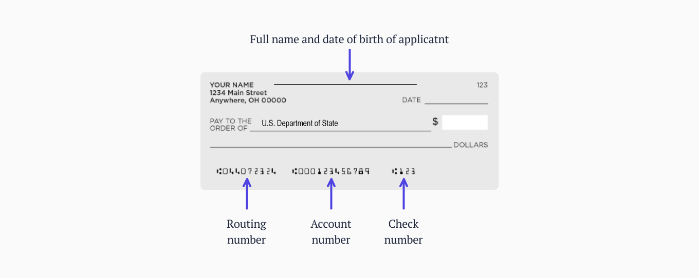 An example of how to fill a check to pay passport fees.