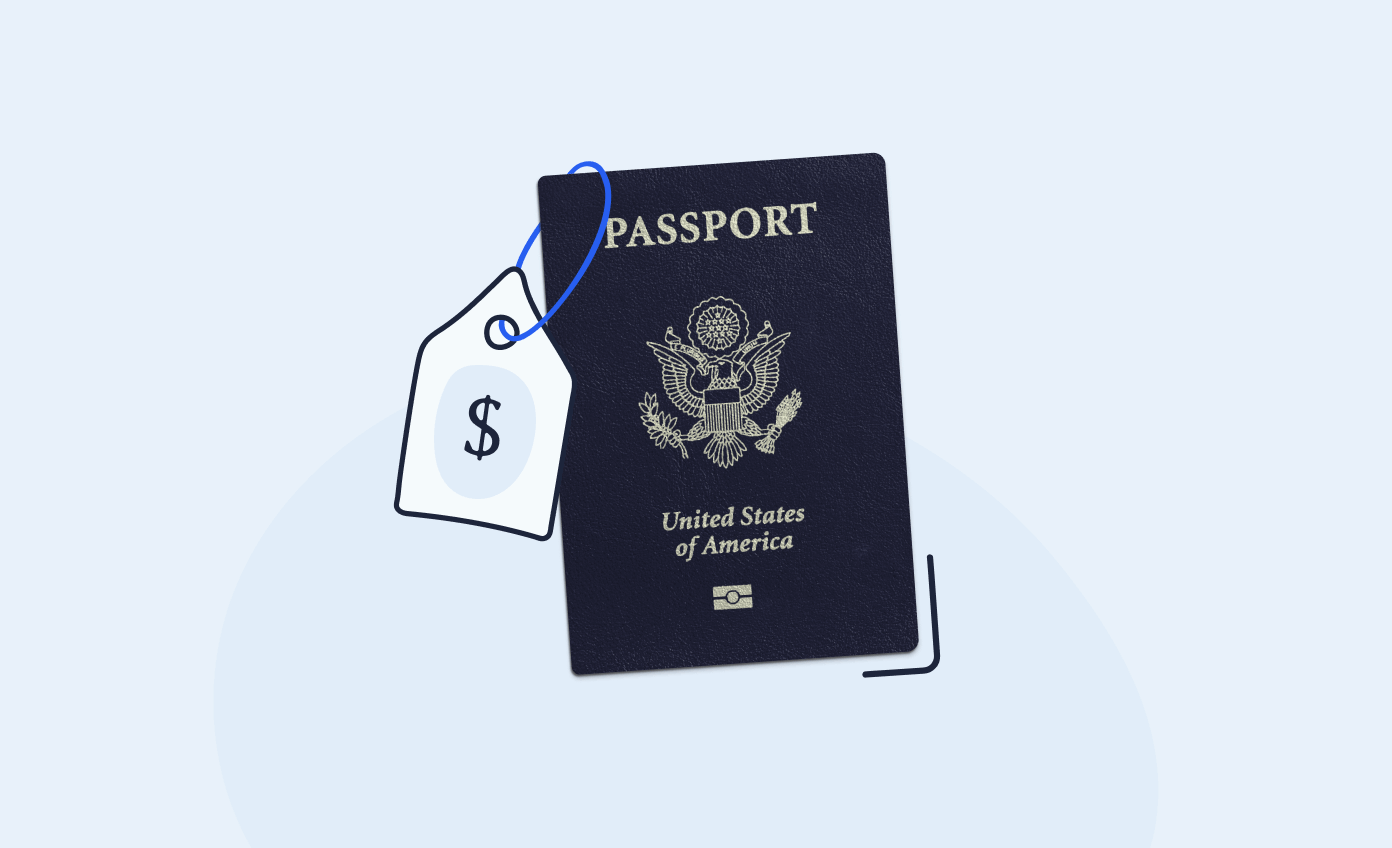 A US passport book with a price tag hanging from the corner.