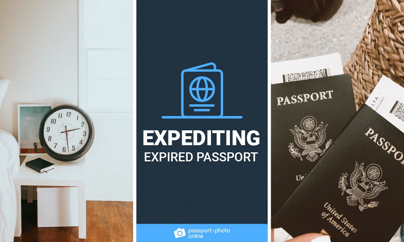 Pictures of a clock on a table and two US passports. The text says "Expediting Expired Passport"
