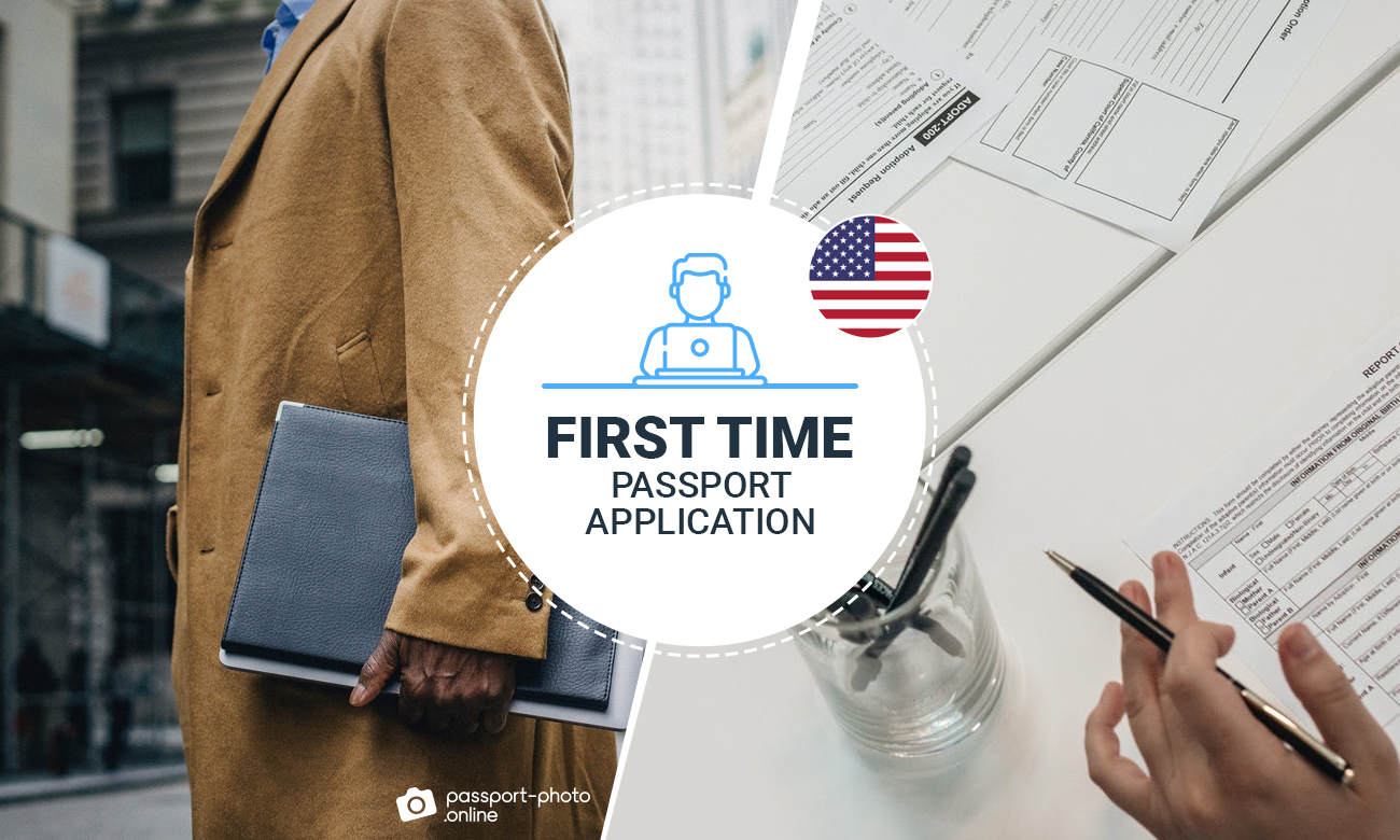 A man holding papers or files and a person signing documents. It says "First time passport application"