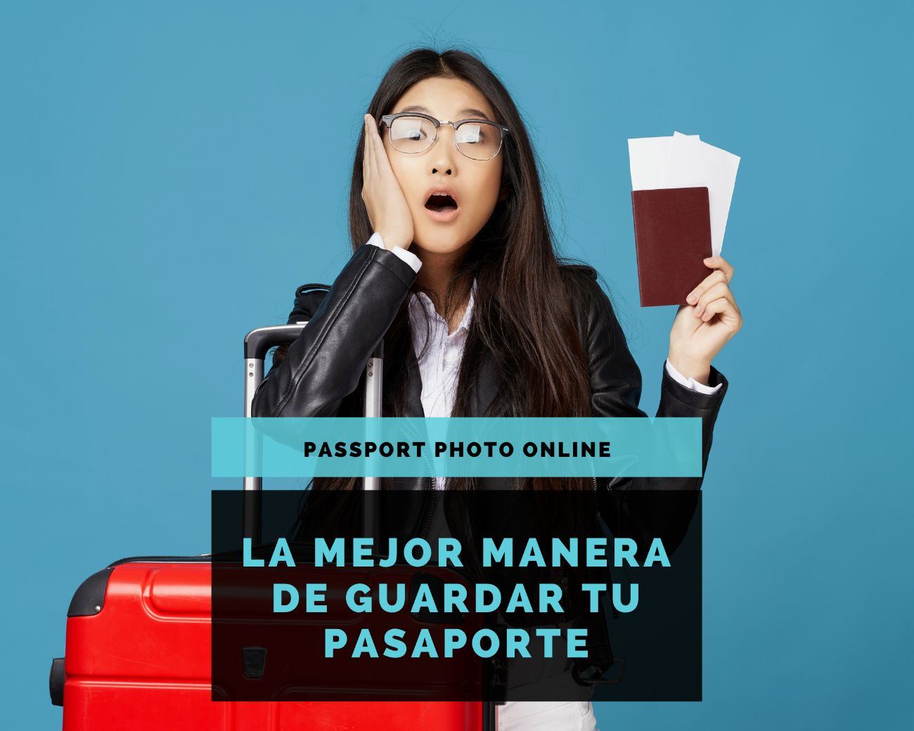 Una chica preparada para su viaje parece sorprendida, con su mano en la cara. ¿Cómo guardar tu pasaporte mientras viajas?