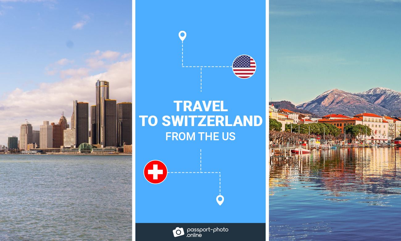 A city with skyscrapers and a city in Switzerland. It says "Travel to Switzerland from the US"
