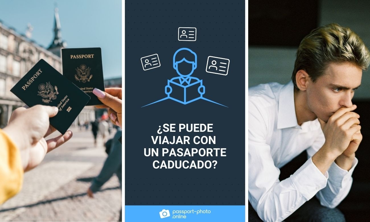 Dos personas sujetan su pasaporte, de fondo una plaza. A la derecha, un chico con camisa blanca y gesto de preocupación.