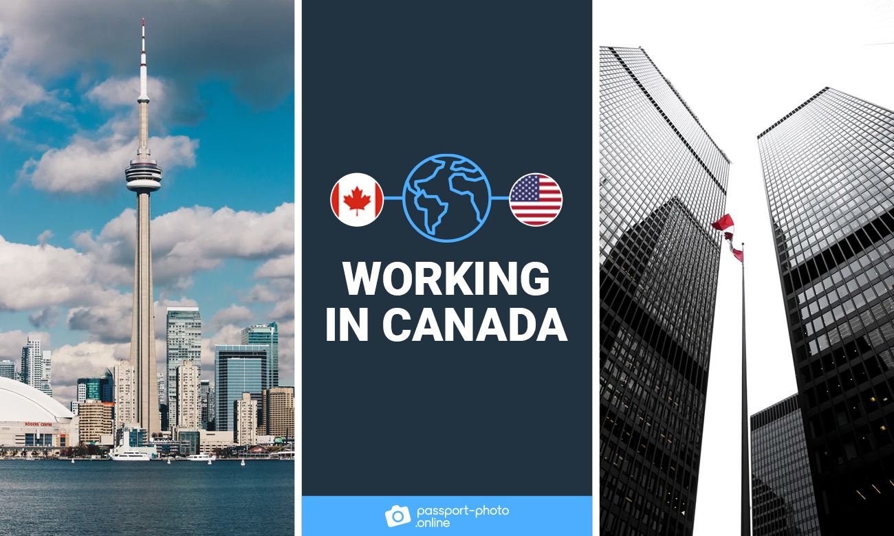 Photos of cities with skyscrapers with a Canadian flag. In the middle, it says "Working in Canada"