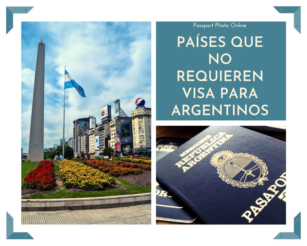 Una bandera de Argentina ondeando al viento. A la derecha, un pasaporte argentino.