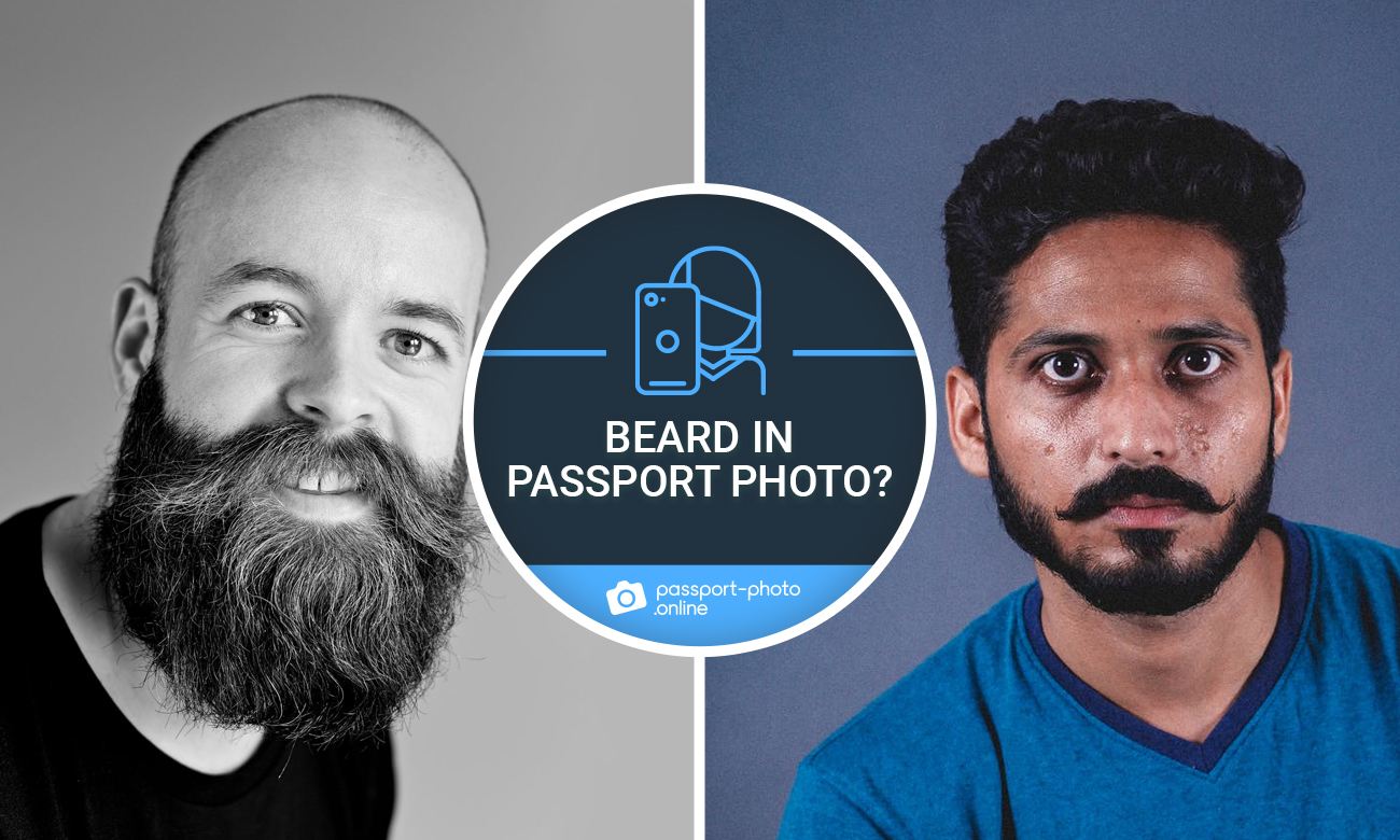 Pictures of men with beards staring at the camera. It says "Beard in Passport Photo?"