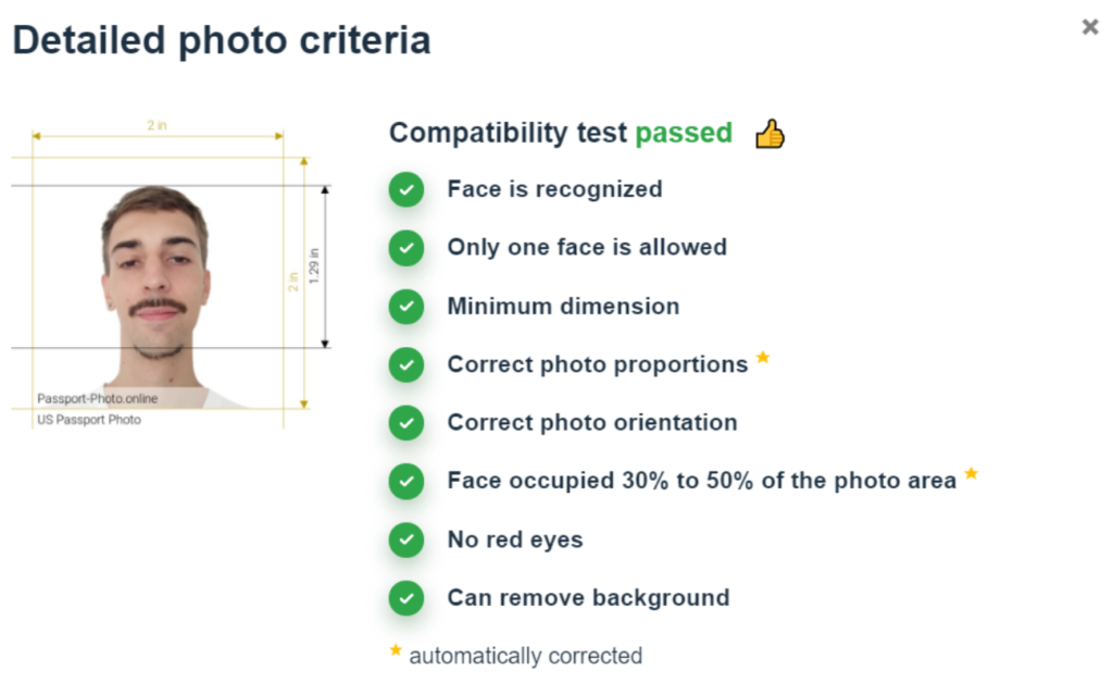A young man’s photo goes through a compatibility test and is processed to convert into a passport photo.