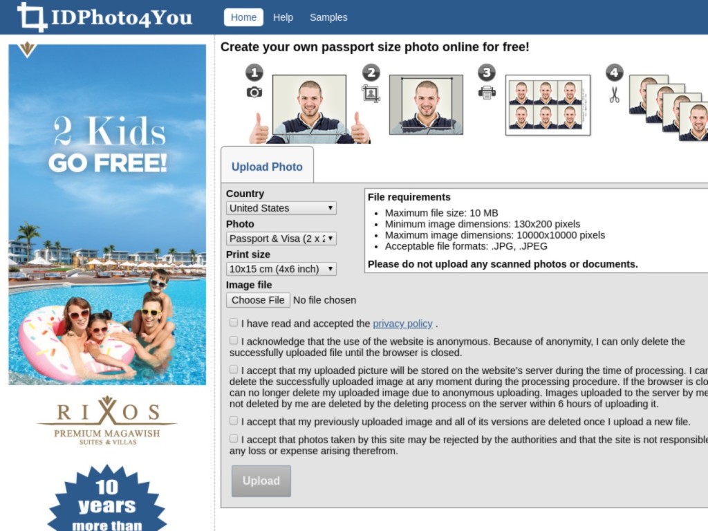 Main page and preview of an IDPhoto4You passport photo.