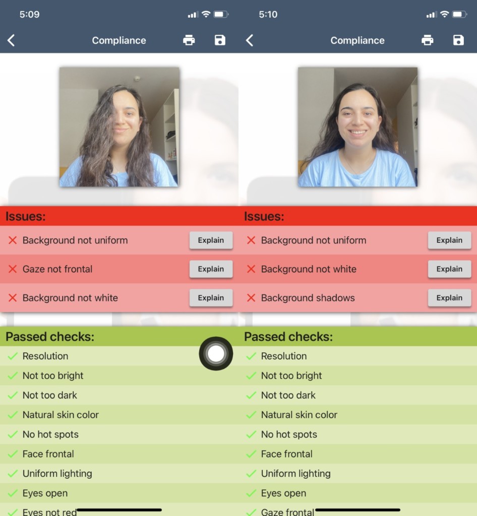On the left, a young lady covers her right eye with her own hair. On the right, she smiles. The app is unable to detect the errors.