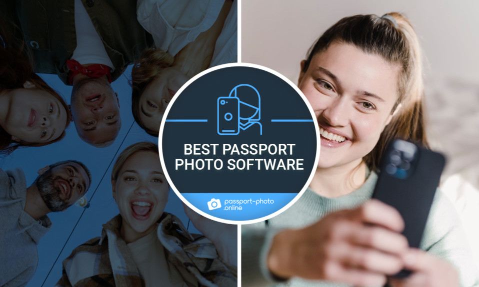 The photo shows people smiling and taking pictures. In the middle the text says "Best Passport Photo Software"